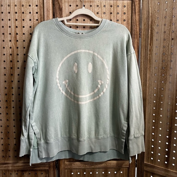 GUC EASEL Mineral Wash Smiley Happy Face Pullover (Seafoam) Cotton sweatshirt - Picture 2 of 5